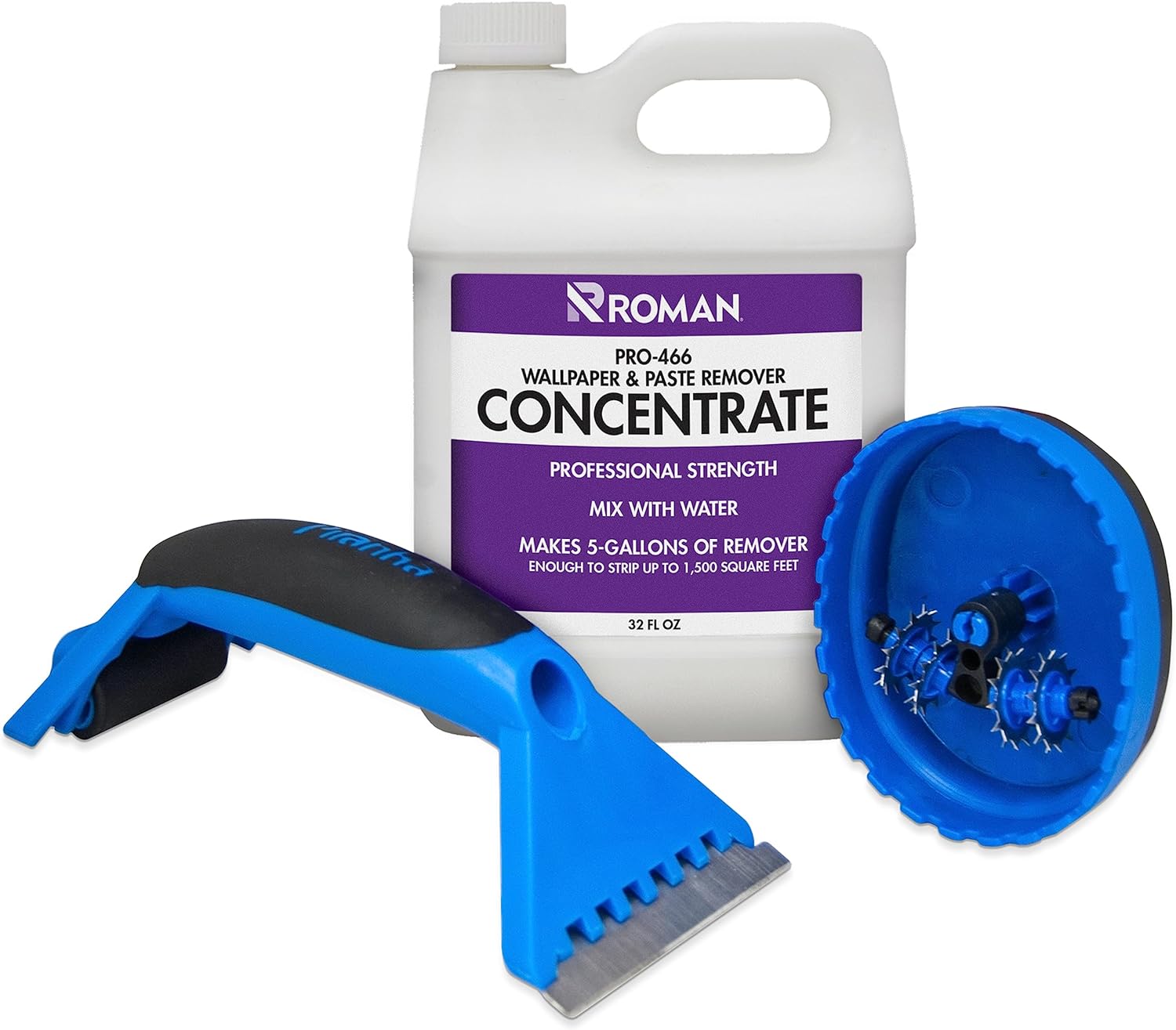 ROMAN 202221, Concentrate (32 oz), Perforating Scoring Tool, and Angled Scraper for Home Improvement-Yields 5 Gallons (1500 sq. ft Coverage) Wallpaper Remover Kit, Blue