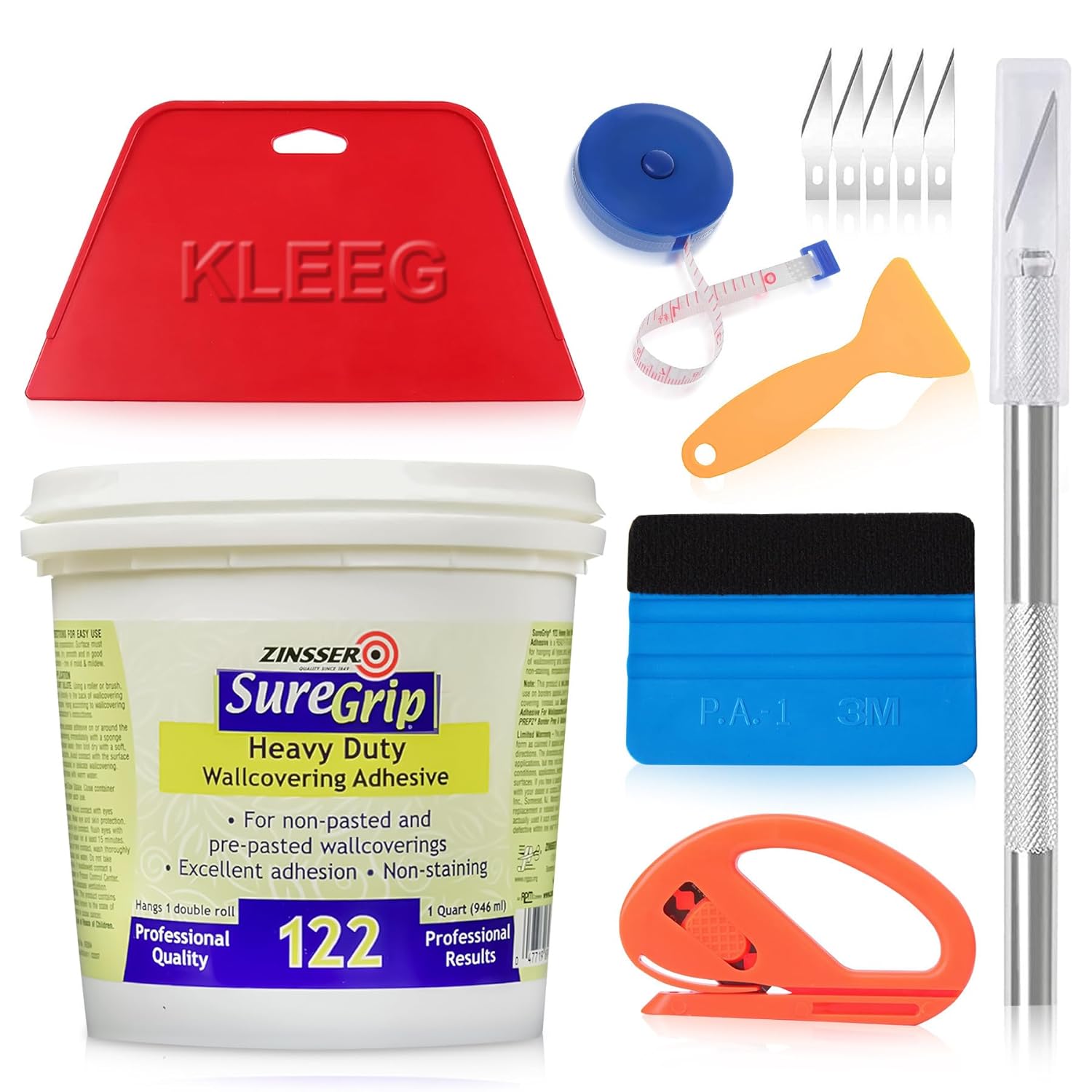 Zinsser SureGrip 122 Heavy Duty Wallcovering Adhesive, Wallpaper Glue   KLEEG Wallpaper Smoothing Tool, Wallpaper Tools Kit, Wall Paper Adhesive, Vinyl Wallcovering