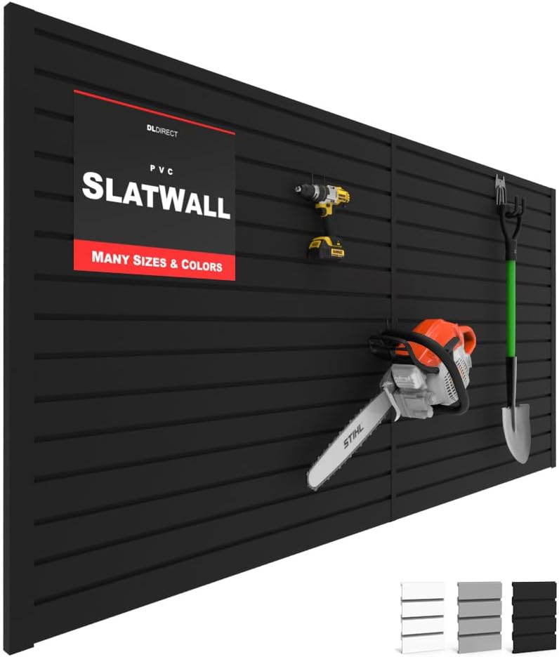 Slatwall Panel Garage Wall Organizer: Heavy Duty Wall Mounted PVC Wall Rack, Interlocking Slat Wall Paneling for Garage Wall Storage, Slatwall Board, Slatwall Shelves System -Black (4H x 8W)