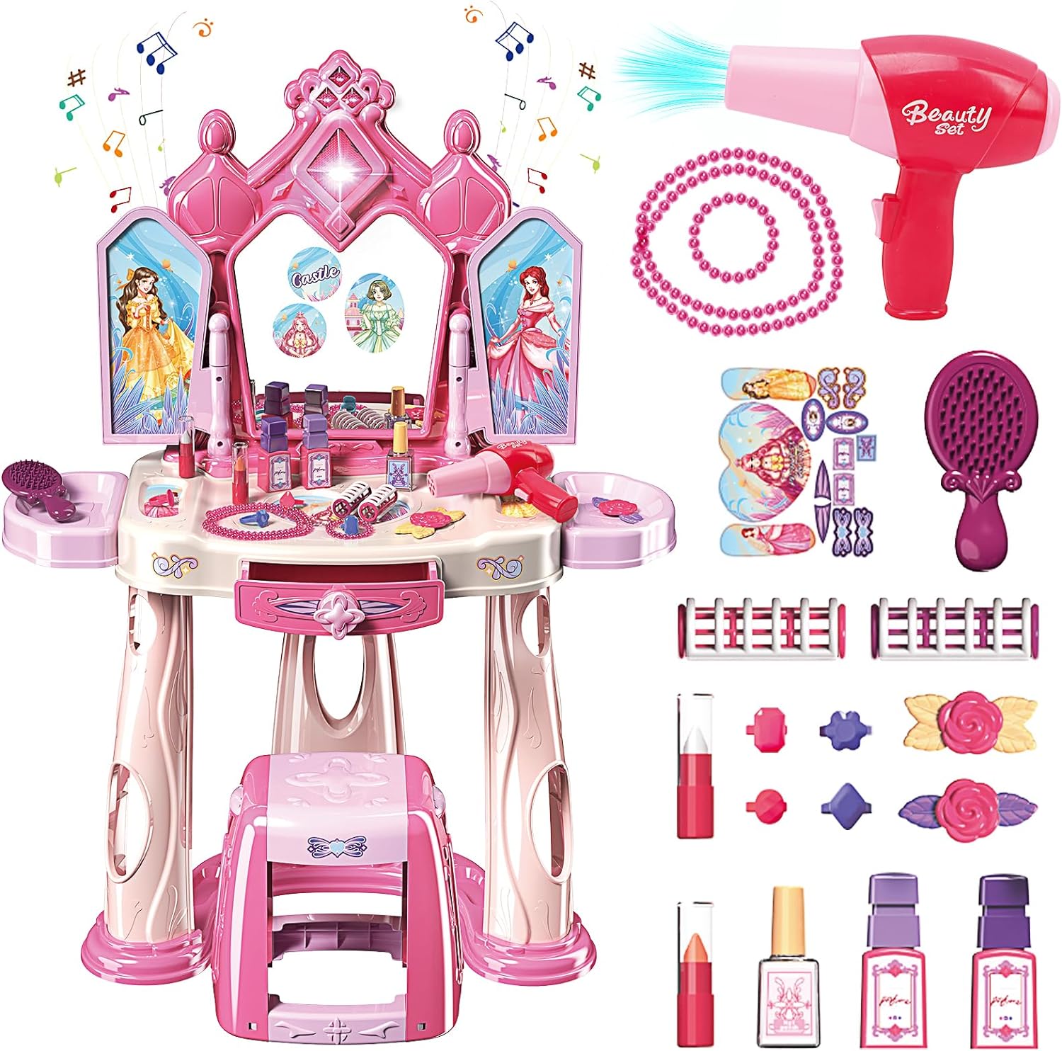 Pretend Play Girls Makeup Table Set with StoolOpen Doors by GesturesKids Vanity Set with Lights and MusicToddler Beauty Salon Set with Makeup Accessories & Hair DryerToy for Toddlers 2-5 Years Old