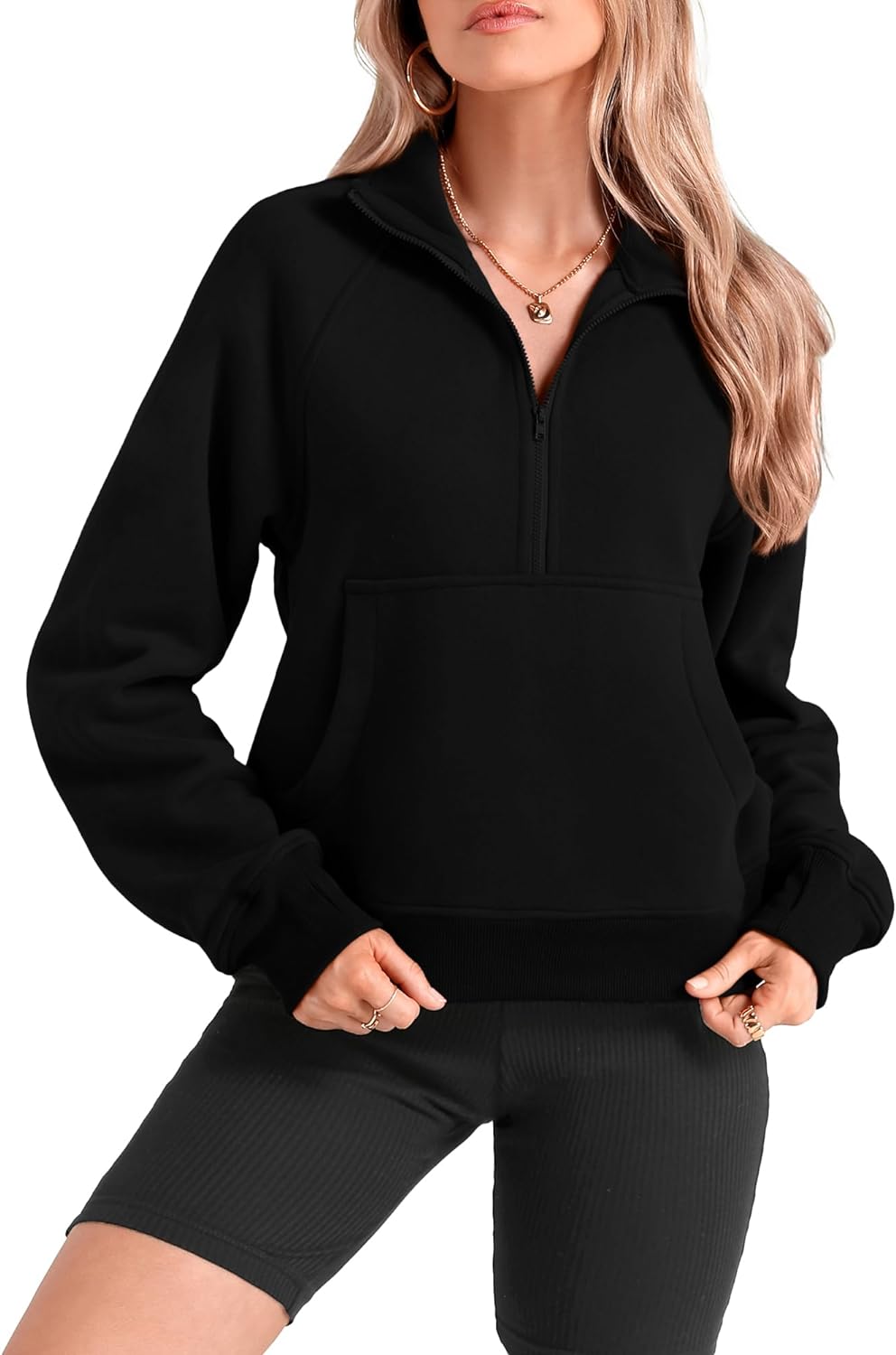 BTFBM Women Half Zip Pullover Sweatshirts Fall Winter Long Sleeve Fleece Lined Cropped Tops Sweater Pockets Thumb Hole