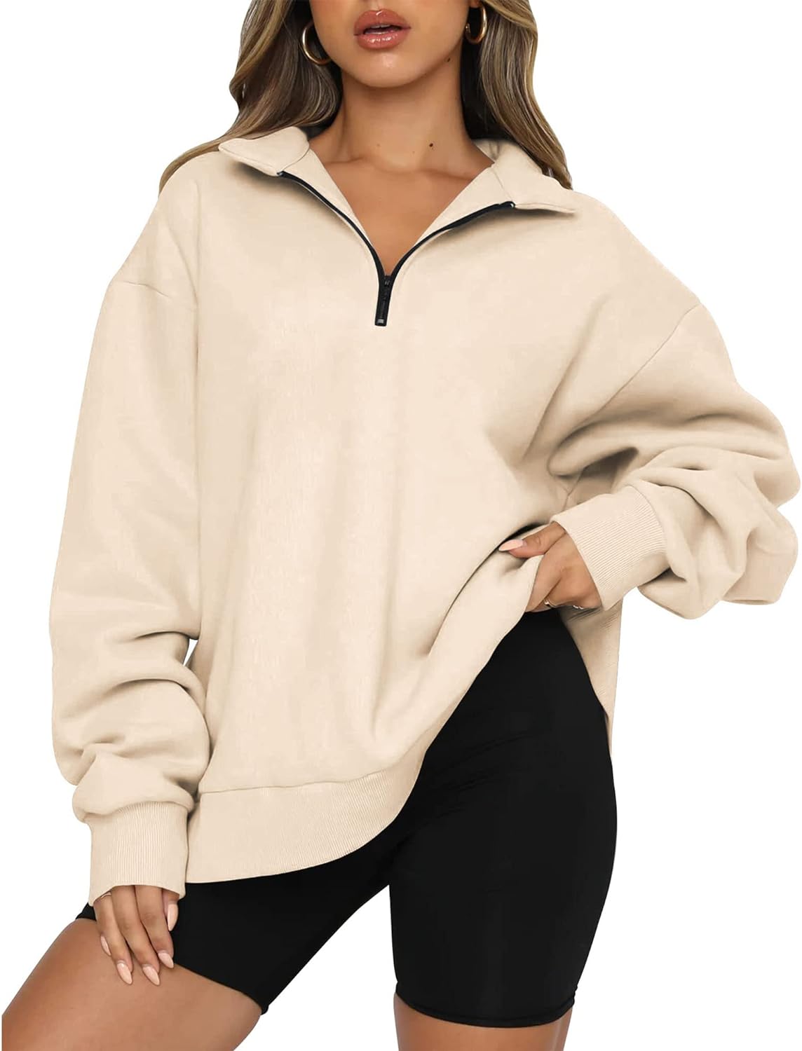 BTFBM Women' Quarter Zip Sweatshirt 2024 Fall Spring Oversized Casual Hoodies Long Sleeve Workout Pullover Y2K Clothes