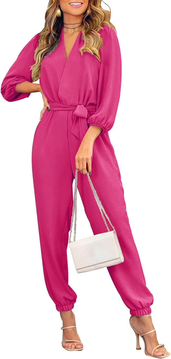 BTFBM Womens Spring Long Sleeve Jumpsuits Dressy Casual One Piece Outfits V Neck High Waist Belt Pocket Long Pants Romper