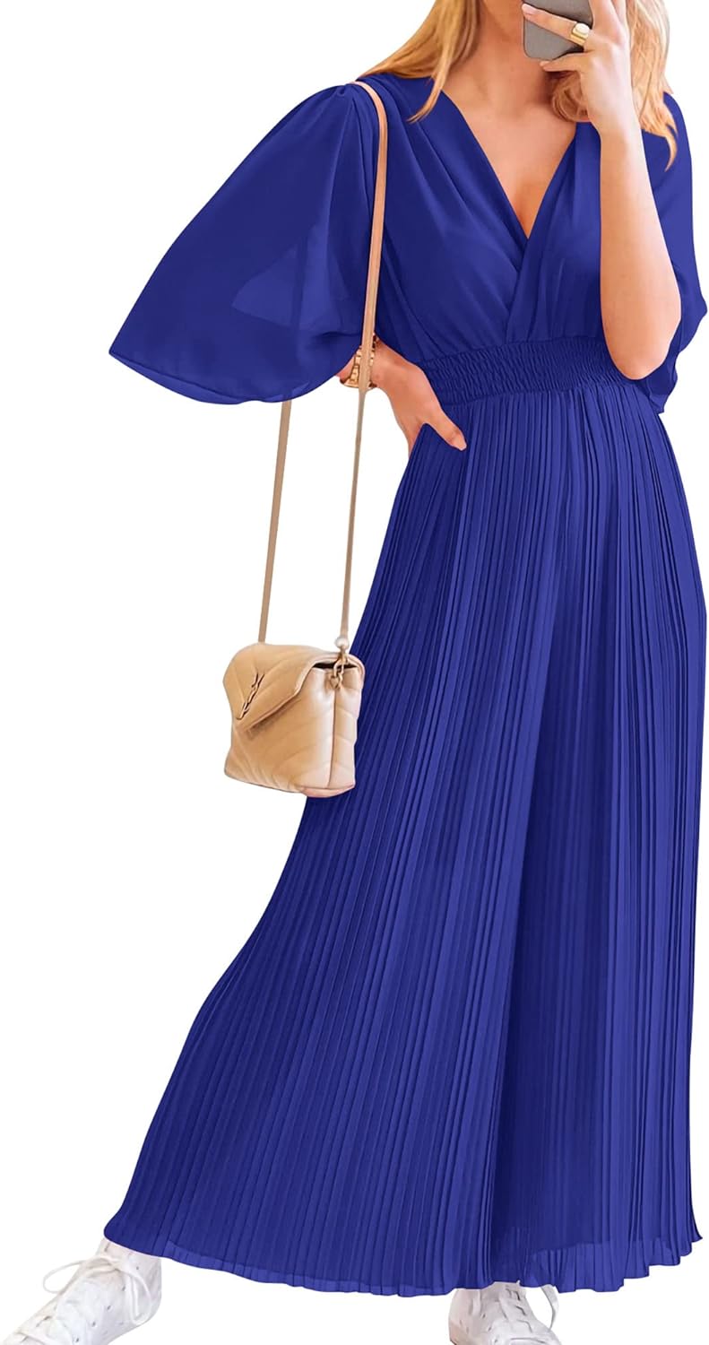 BTFBM Women Chiffon Wrap V Neck Summer Jumpsuit Spring Mesh Half Sleeve Elastic Waist Pleated Wide Leg Long Pants Romper