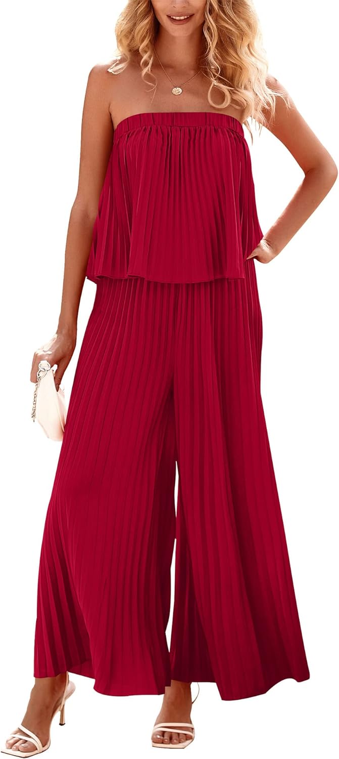 BTFBM Women Off Shoulder Summer Rompers 2024 Strapless Pleated Wide Leg Palazzo Pants Jumpsuit Casual One Piece Outfits