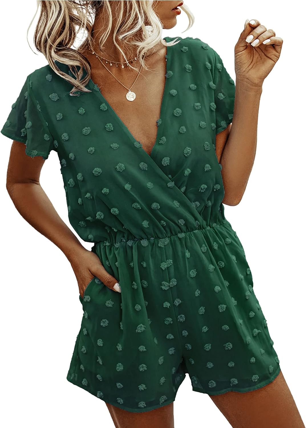 BTFBM Women 2024 Summer Fashion V Neck Wrap Rompers Swiss Dot Pocketed Elastic Waist Short Sleeve Beach Shorts Jumpsuit