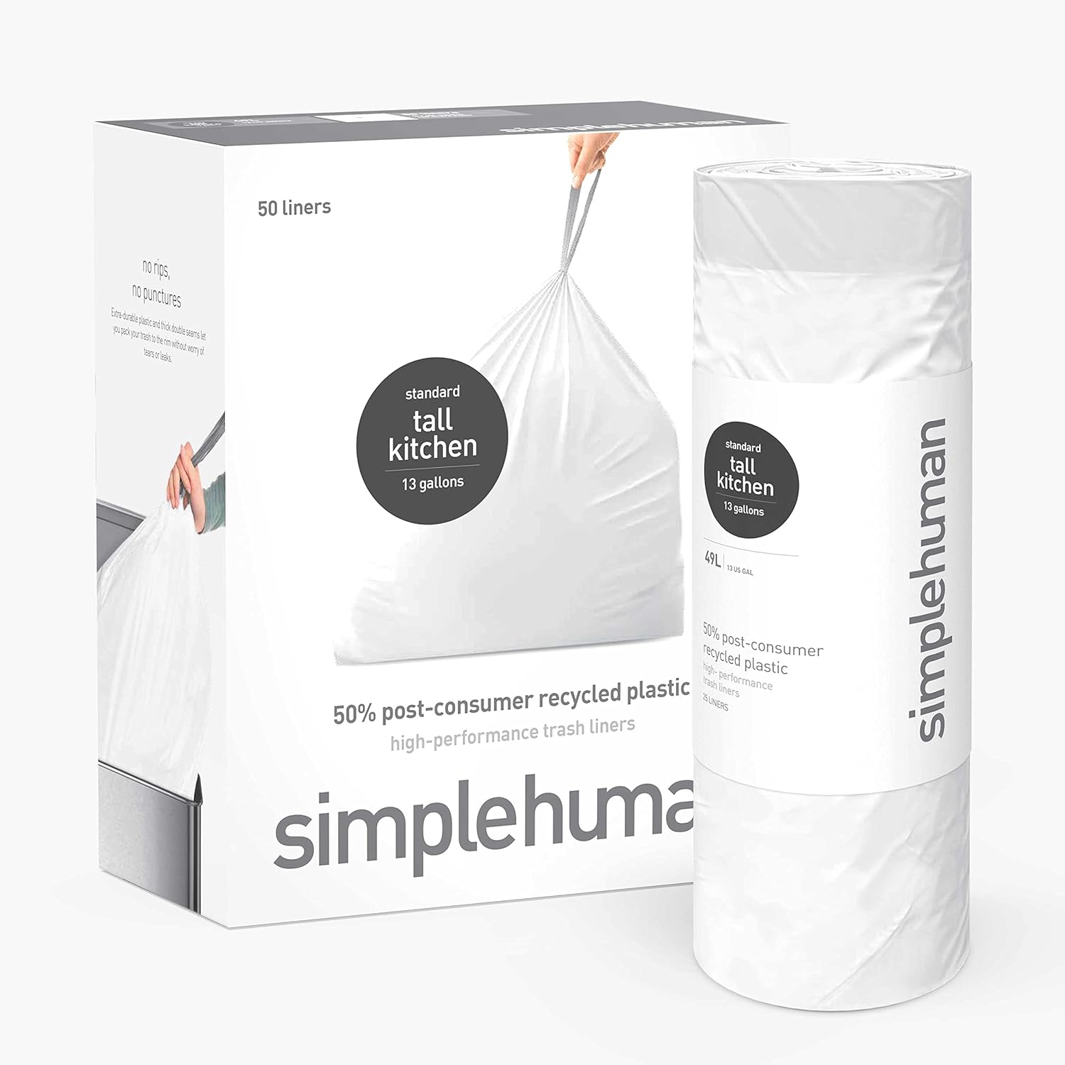 simplehuman Extra Strong Tall Kitchen 13 Gallon Drawstring Trash Bags, 50% PCR content, 50 Count