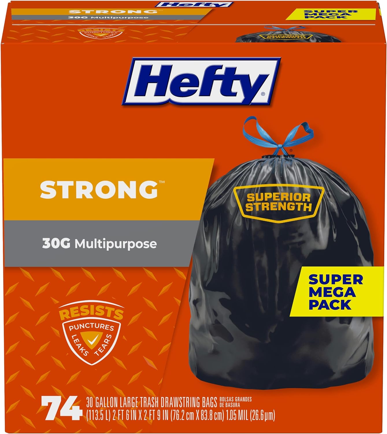 Hefty Strong Large Trash Bags, 30 Gallon, 74 Count