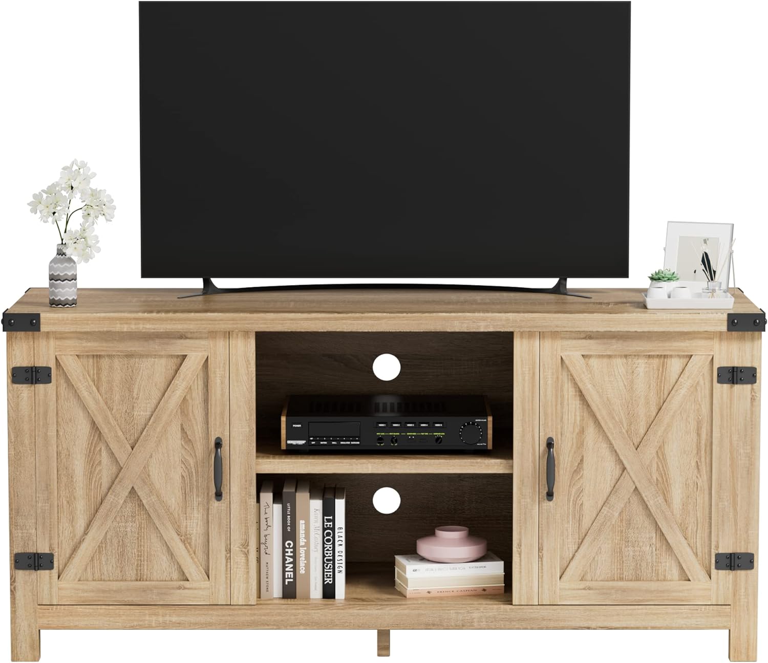 JUMMICO TV Stand for 65 Inch TV Farmhouse Entertainment Center with Double Barn Doors and Storage Cabinets, Console TV Table Media for Living Room, Bedroom (Pale Yellow, Without Fireplace)