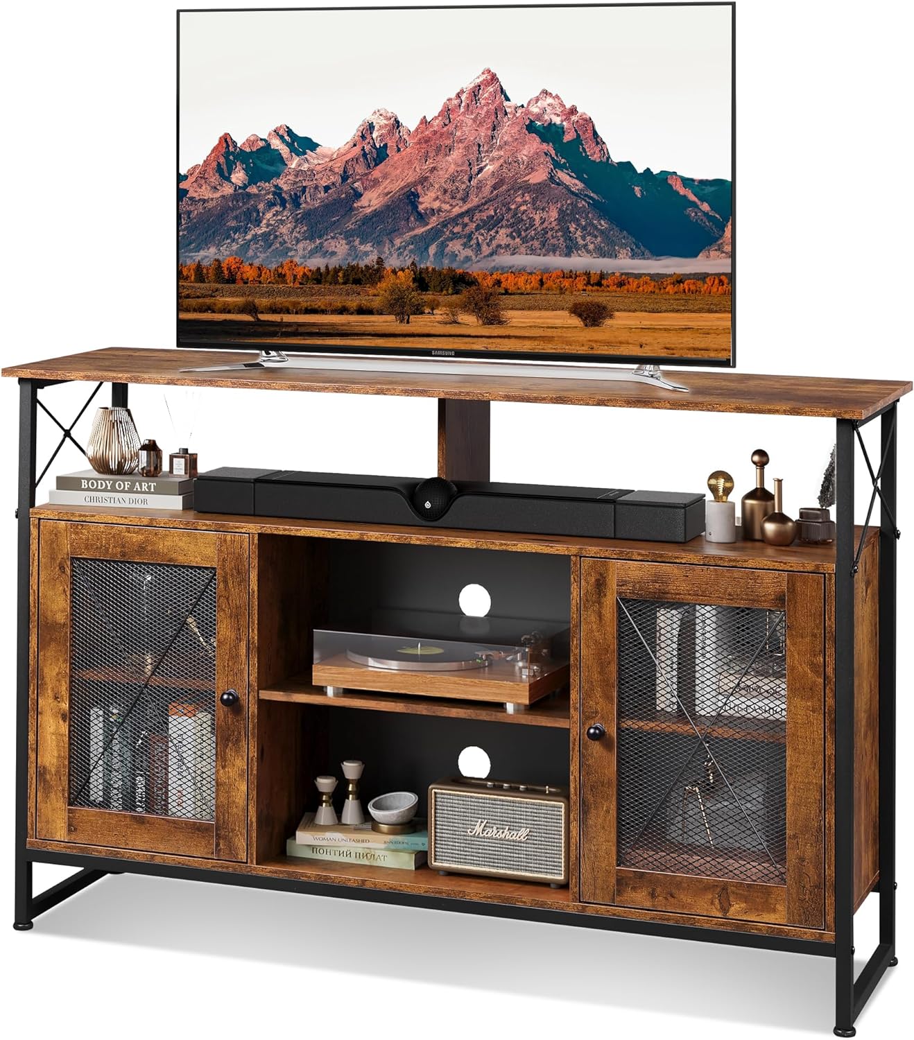 WLIVE TV Stand 55 inch TV,Tall Entertainment Center with Storage, Farmhouse Industrial TV Console for Bedroom Living Room,Rustic Brown