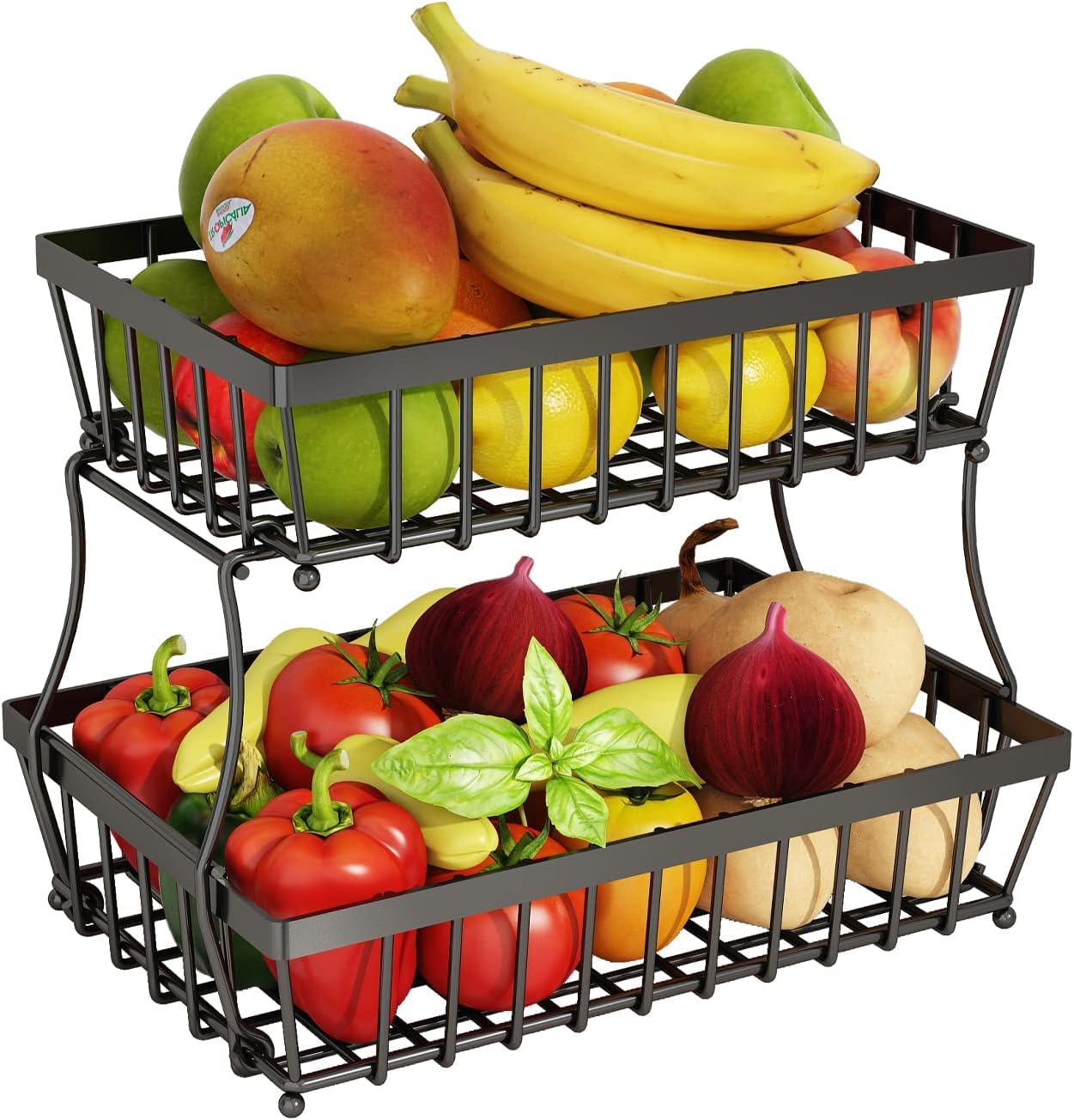 2 Tier Fruit Basket Countertop for Kitchen, Vegetable Bread Basket Fruit Bowl Storage Stand Detachable Metal Rectangular Wire Basket Black Medium