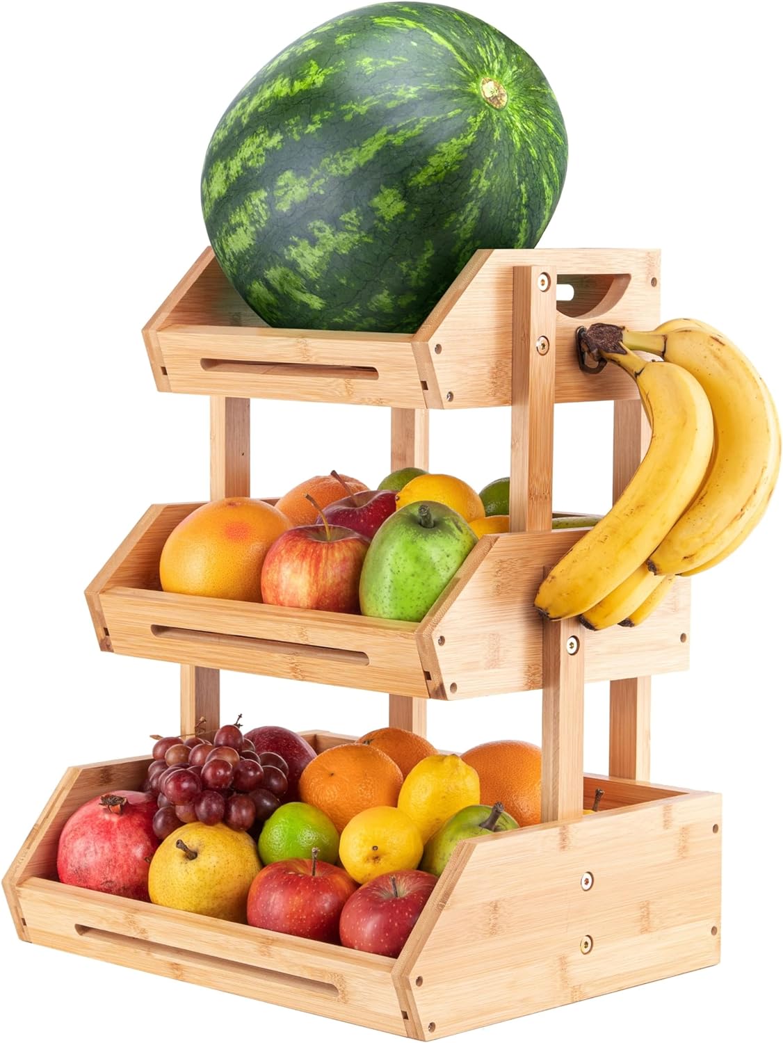 Wooden Fruit Basket 3 Tier, Kitchen Countertop Organizer, Tiered Fruit Display Stand, Home Counter Storage Baskets For Vegetable Bread Snack, Produce Fruits Bowl Holder, Bamboo Wood Fruit Basket Large