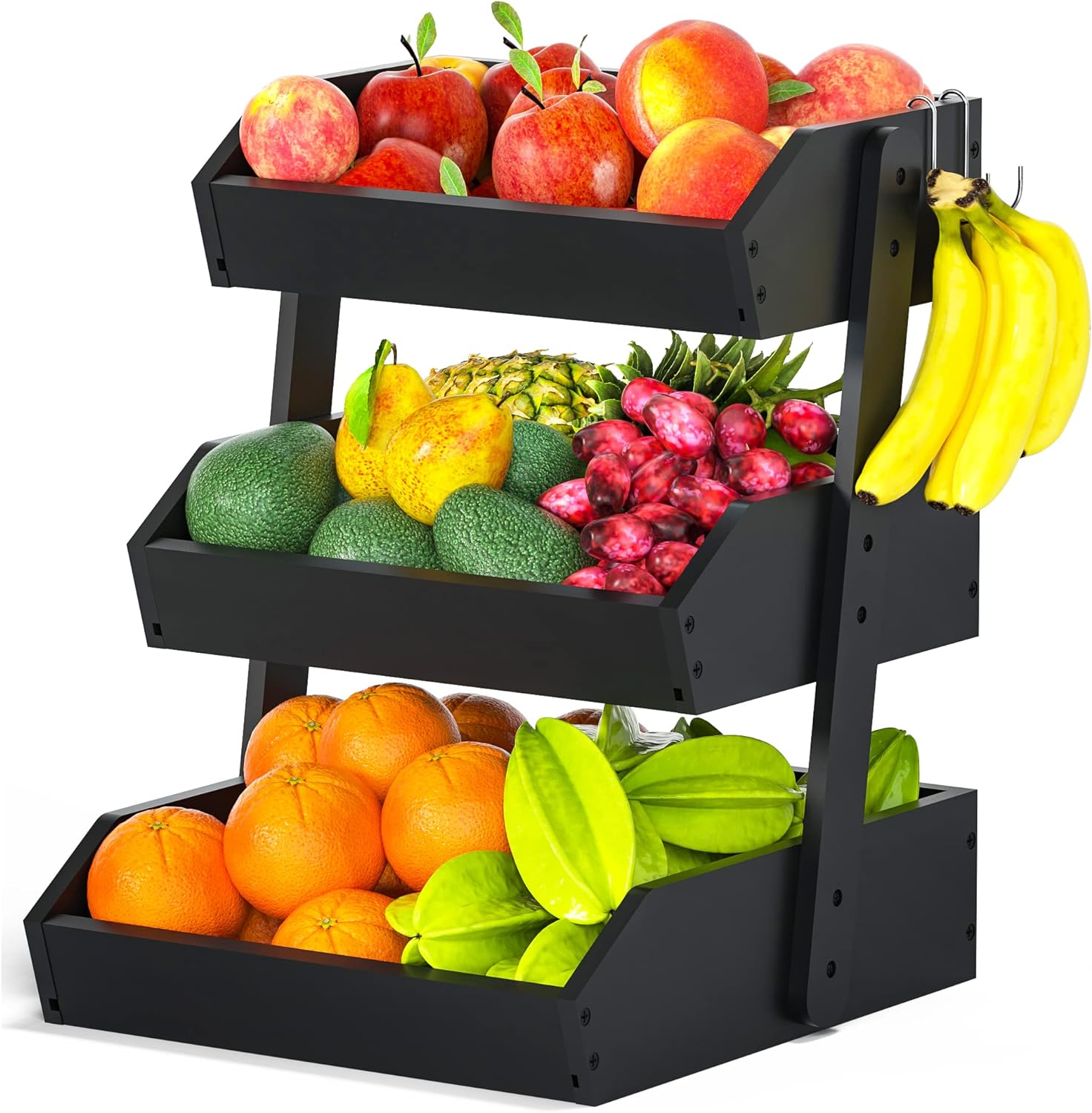 Bamboo Fruit Basket  3 Tier Fruit Bowl For Kitchen Counter, Large Capacity Fruit Holder With 2 Banana Hangers, Idea For Fruit and Vegetable Storage, Bread Basket, Snack Organizer(BLACK)