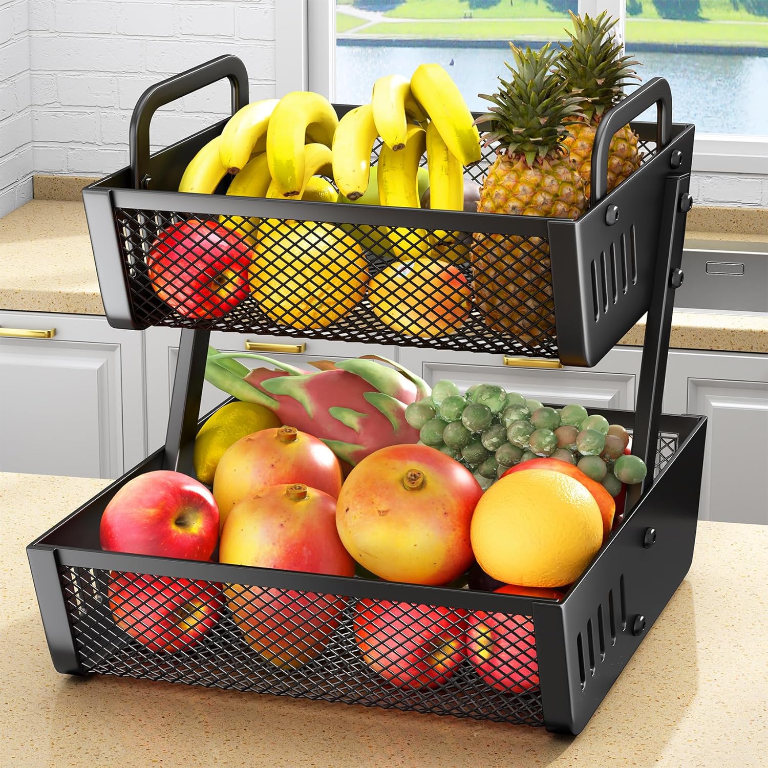 Fruit Basket Bowls For Kitchen Counter - Metal Fruit Stand with Handle - Kitchen Vegetables Bread Snacks Storage Organization, 2 Tier Black