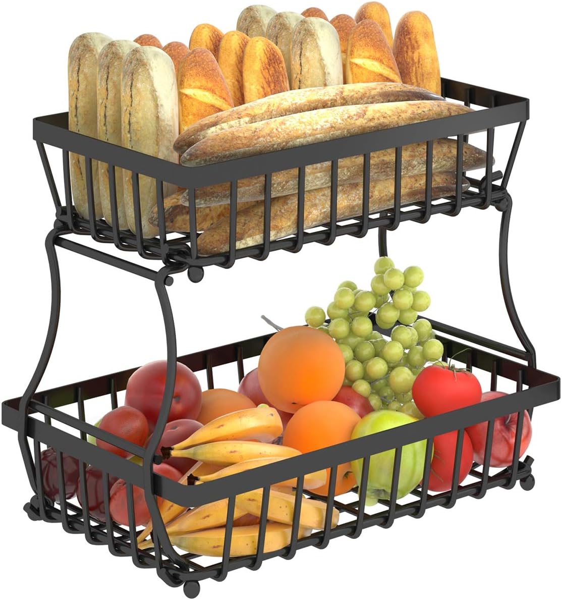 Apsan 2 Tier Countertop Fruit Basket for Kitchen, Detachable Metal Organizer for Bread Vegetable Fruits, Large Capacity Rectangular Storage Stand Bowls, Black