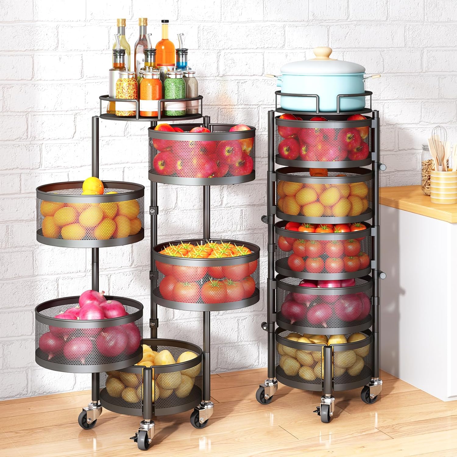 SNTD Fruit and Vegetable Basket Bowls for Kitchen with Metal Top Lid, 5 Tier Rotating Storage Rack Cart for Potato Onion Bread Banana, Wire Basket Organizer on Wheels, Large, Black