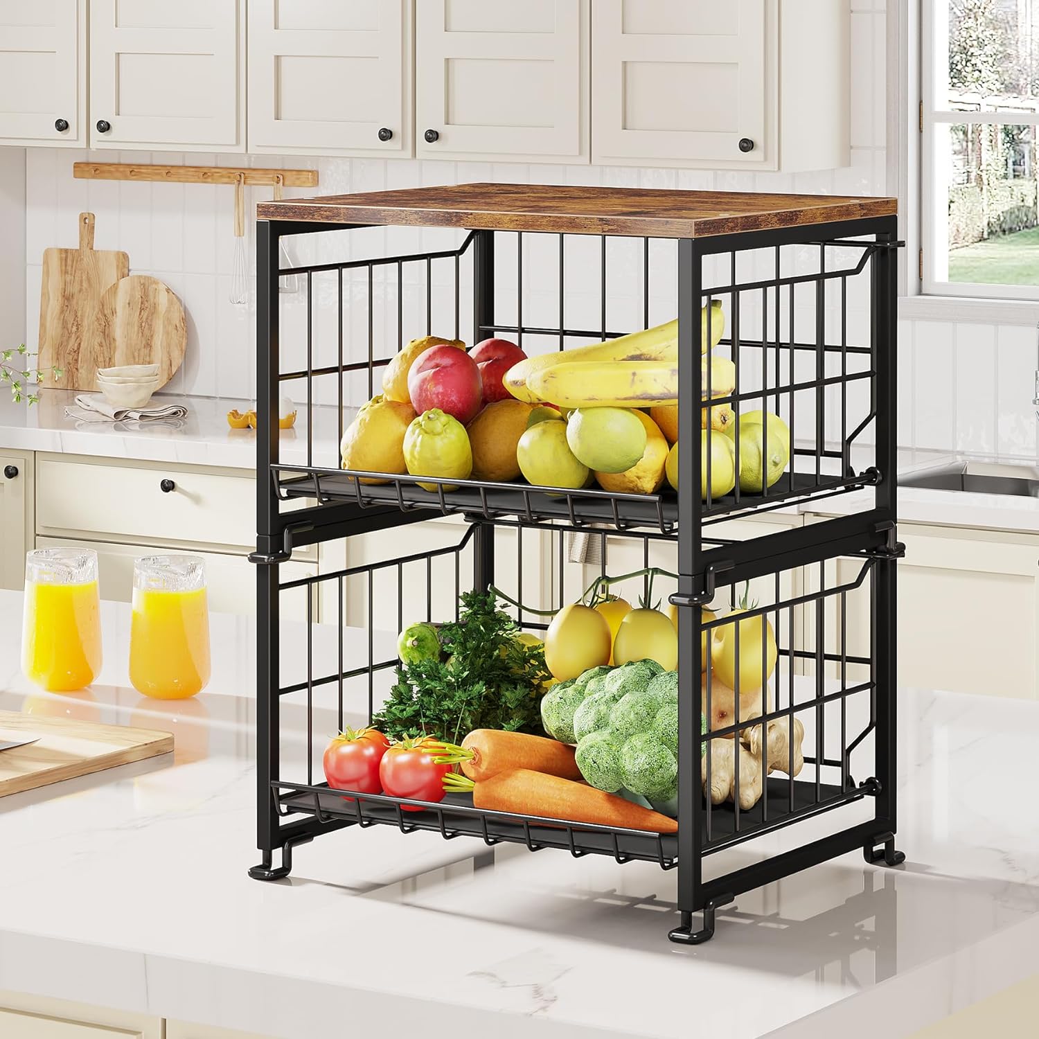 1Easylife Kitchen Counter Basket Wire Basket with Bamboo Top, 2 Tier Detachable Fruit Basket Metal Mesh Bin for Kitchen Storage, Spice Rack Organizer for Cabinet, Pantry, Kitchen (Black)