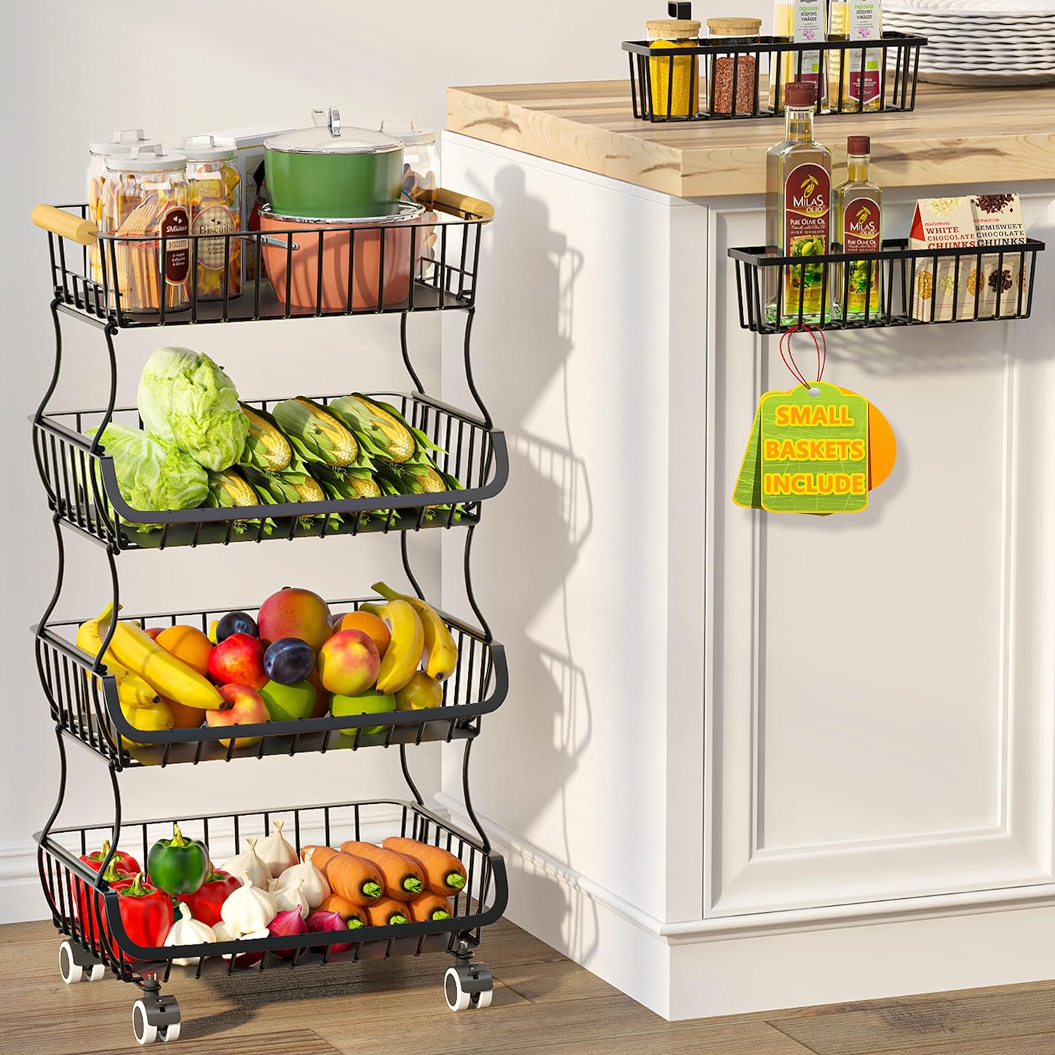 Z&L HOUSE 4 Tier Fruit Vegetable Basket for Kitchen, Extra with 2 Metal Wire Baskets, Stackable and Practical Fruit Rack, Kitchen Pantry Multifunctional Storage Cart for Onions and Potatoes (Black)