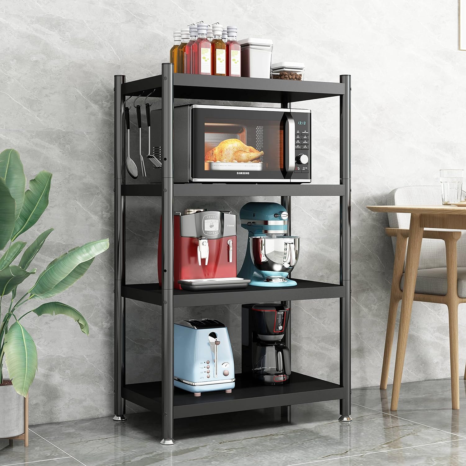 4-Tier Kitchen Bread Rack, Microwave Cart Stand, Shelving Storage Unit, Kitchen Shelf Organizer Rack, Adjustable Utility Storage Shelf for Kitchen, Living Room, Garage, Home and Office (Black)