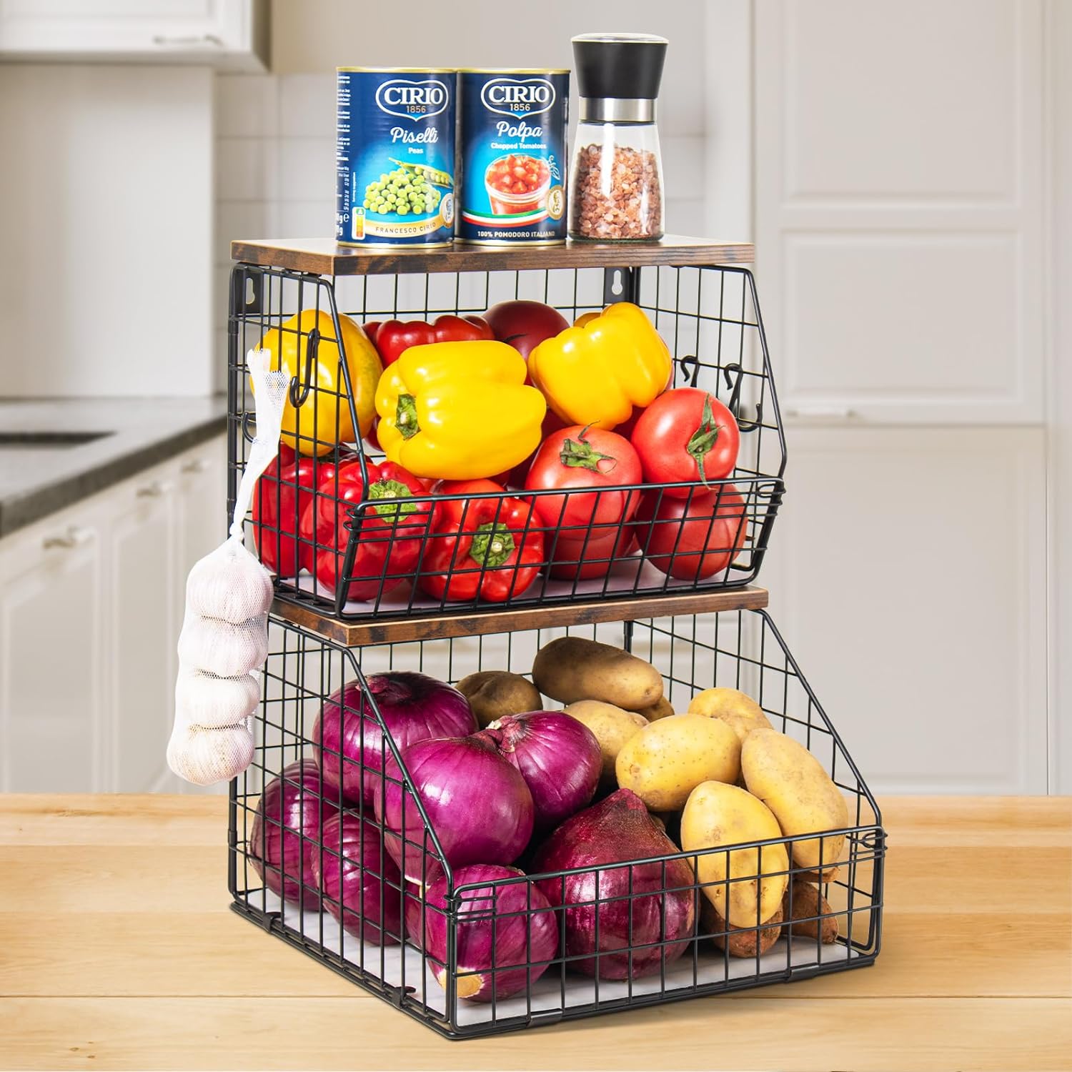 Fruit Basket, Stackable Wall Mounted Fruit Baskets, Potato Basket Onion Storage for Kitchen, Hanging Wire Basket with Wood Lid, 2-Tier Vegetable Organizer Kitchen Countertop Organization