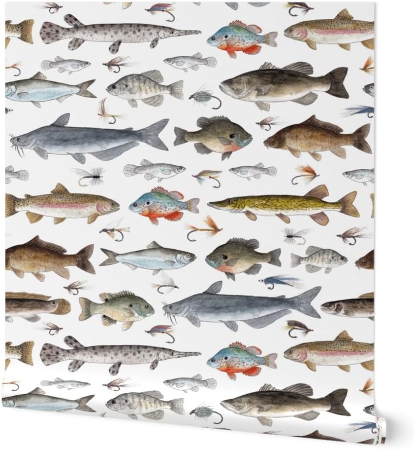 Spoonflower Peel & Stick Wallpaper Swatch - Multicolor Fish Fishing Salmon Cabin Trout Fisherman Lures Sunfish Tackle Crappie Flies Fly Stream Custom Removable Wallpaper