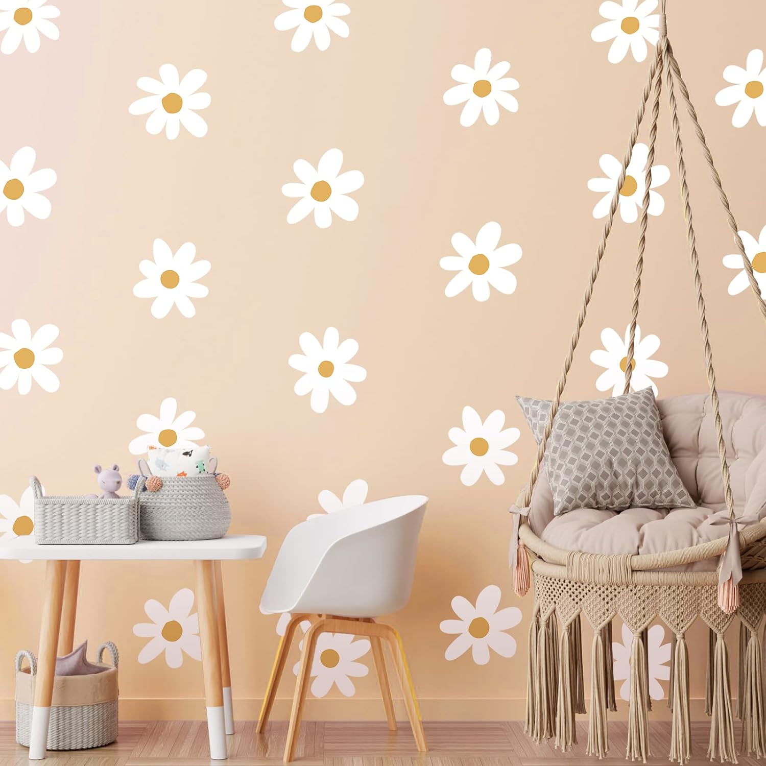 BBTO Daisy Wall Decal Flower Vinyl Wall Decals Daisy Decals Floral Decals Peel and Stick Daisy Stickers for Kids Nursery Wall Art Bedroom Living Room (White,Simple Style)