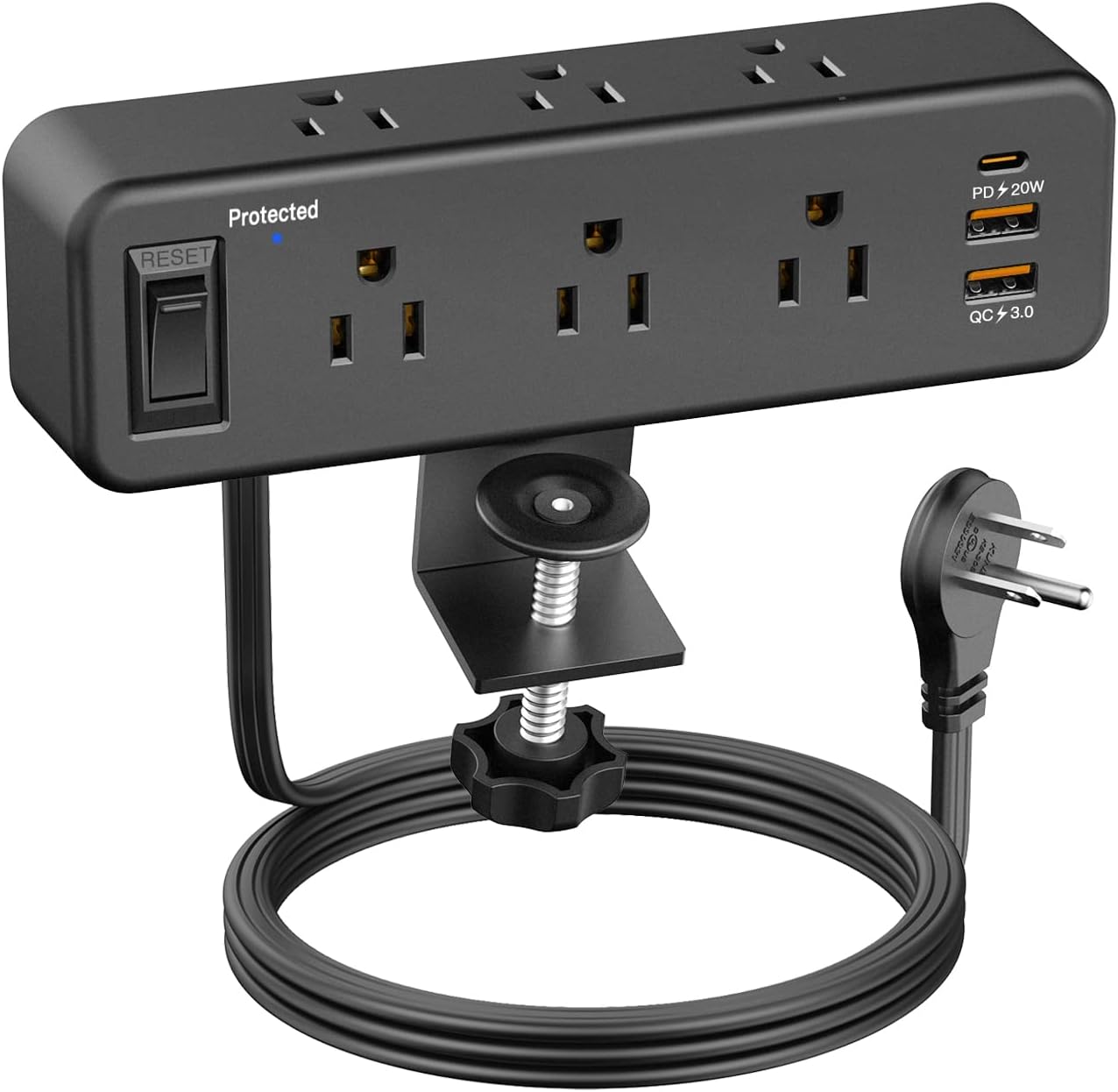 Desk Clamp Power Strip with PD 20W USB C, Desktop Edge Mount Surge Protector with 6 Outlet, Table Edge Socket with Switch, 6 ft Flat Plug Slim Extension Cord, Fit 1.8 inch Tabletop Edge Thick