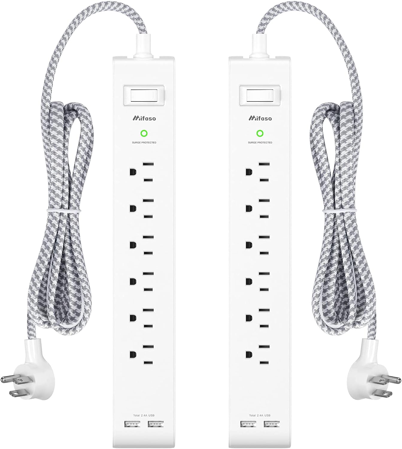 2 Pack Power Strip Surge Protector - 6 Outlets 2 USB Ports 5Ft Long Extension Cords, Flat Plug Overload Protection Outlet Strip, 900 Joules, Wall Mount for Home, Office and Dorm Essential, ETL Listed