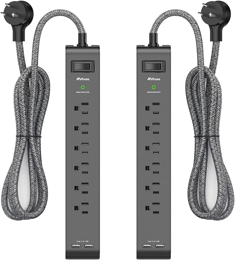 2 Pack Surge Protector Power Strip with 6 Outlets 2 USB Ports 5-Foot Long Heavy-Duty Braided Extension Cords Flat Plug 900 Joules 15A Circuit Breaker Wall Mount for Home Office ETL Listed