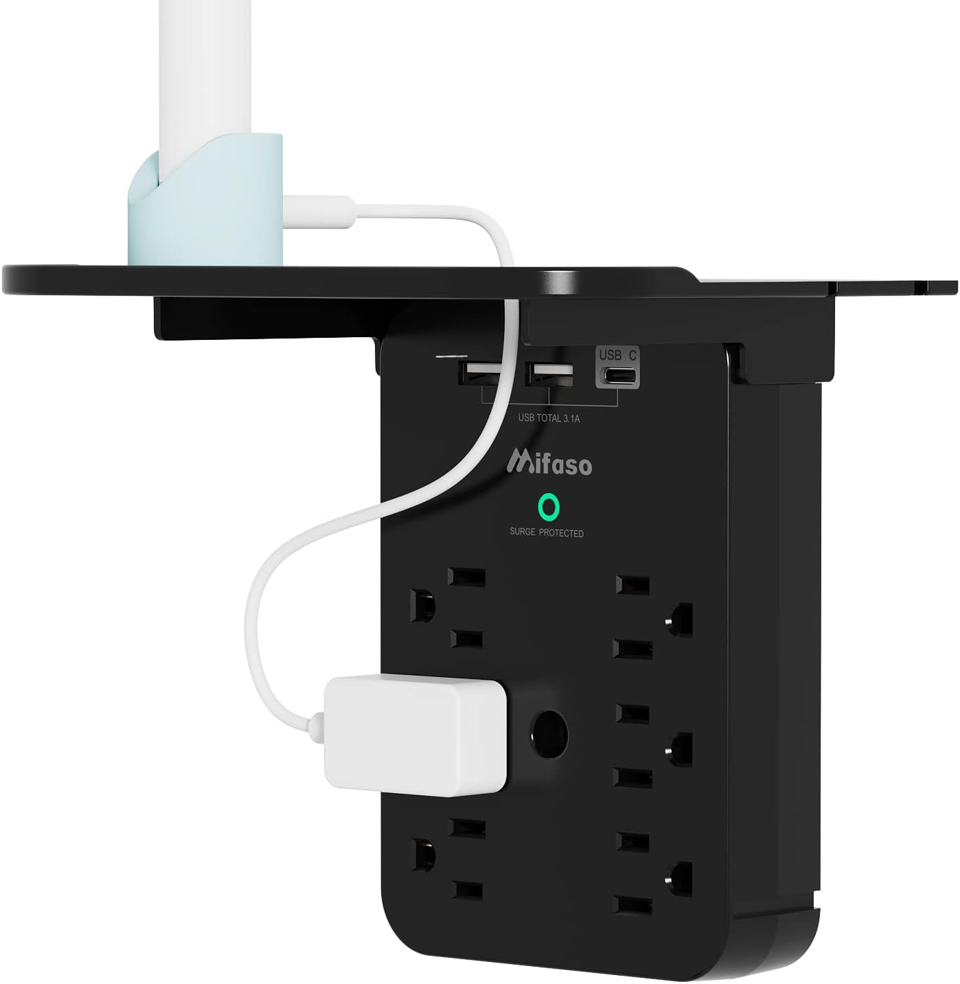 Wall Outlet Extender - Surge Protector 6 AC Outlets Multi Plug Outlet with Shelf, 2 USB and USB C Charging Ports Wall Plug Expander, USB Wall Charger Outlet Splitter for Home (Black)