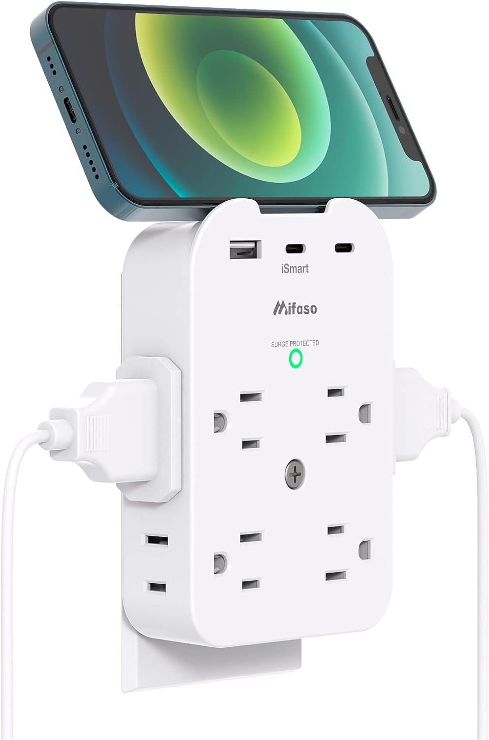 Mifaso Outlet Extender - Wall Surge Protector with 8 Outlets 3 USB 2 USB C, 1 USB A Multi Plug Outlet Splitter, Wall Mount Adapter with Top Phone Holder for Home, School, Office 1800 Joules