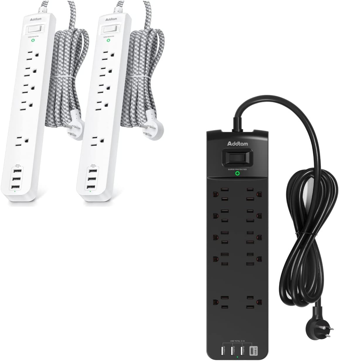 2 Pack Power Strip Surge Protector 5 Widely Spaced Outlets 3 USB Charging Ports & Power Strip Surge Protector with 10 Outlets and 4 USB Ports