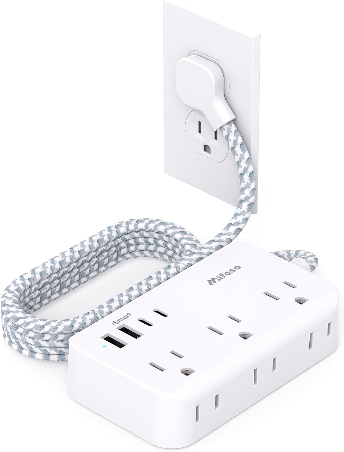 Power Strip Extension Cord - 6 Outlets and 4 USB (2 USB C), 5Ft Braided Cord with Ultra Thin Flat Plug, Wall Mount, Overload Protection, Compact for Travel, Cruise Ship, and Dorm Room Essentials