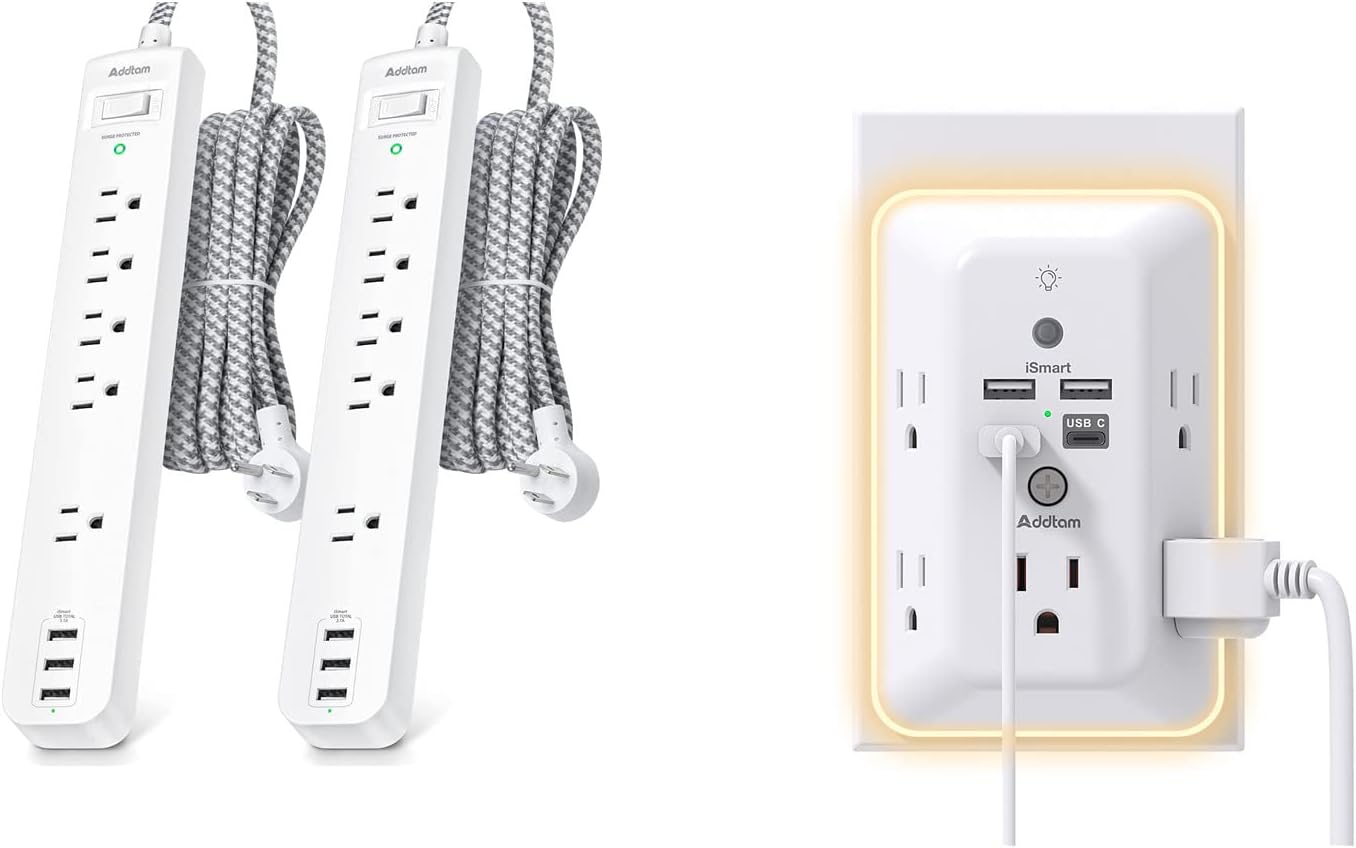 2 Pack Power Strip Surge Protector and Surge Protector, Outlet Extender with Night Light