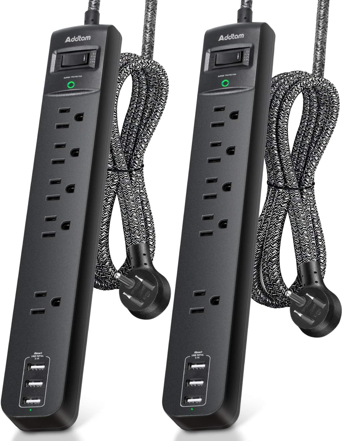 10Ft Long Surge Protector Power Strip - Extension Cord with Multiple Outlets, 5 Widely Outlets 3 USB Charging Ports, Flat Plug Overload Surge Protection, Wall Mount for Home, Office ETL Listed, 2 Pack