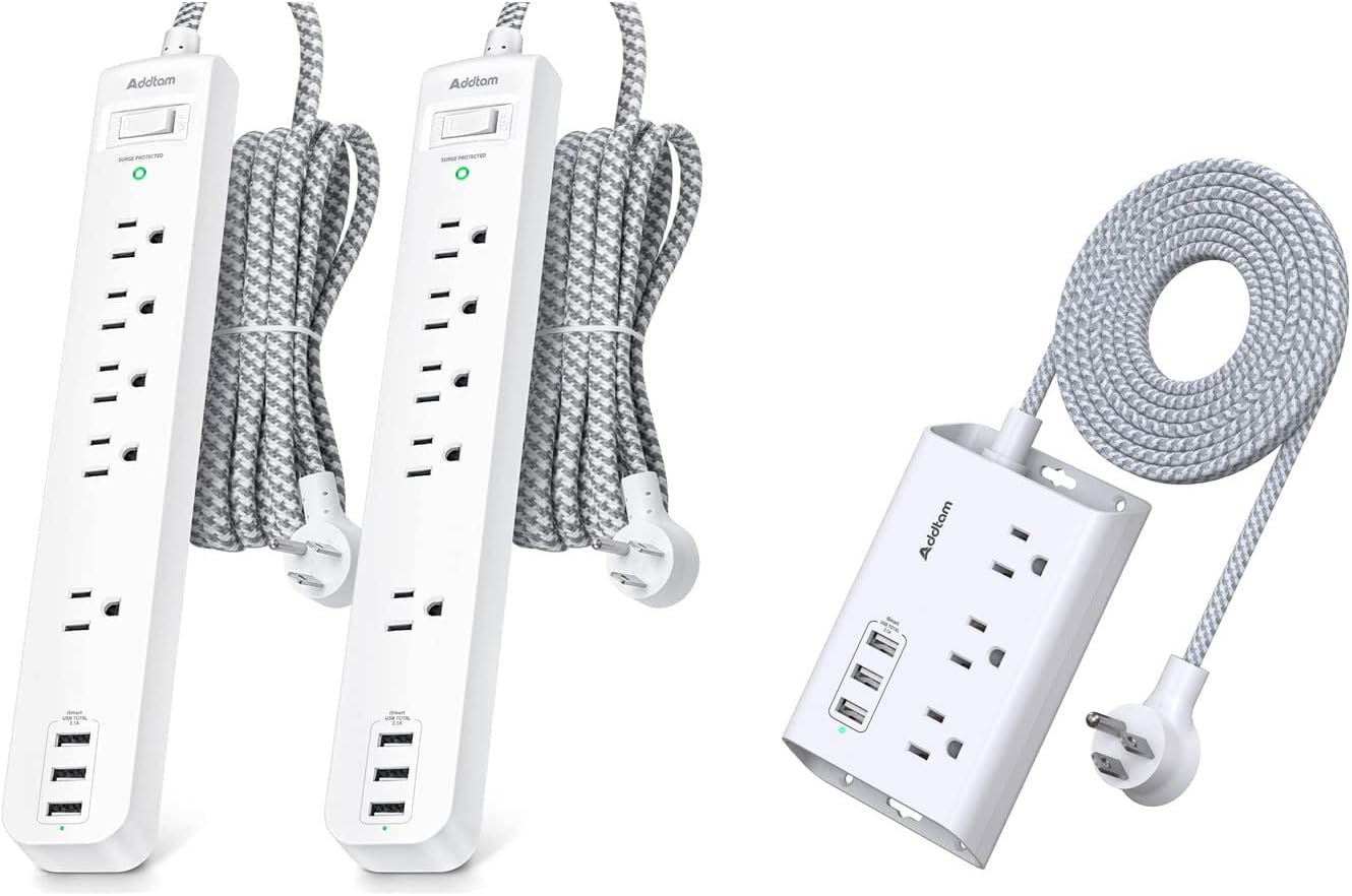 2 Pack Power Strip Surge Protector and Extension Cord with 3 USB Ports 3 Widely Spaced Outlets