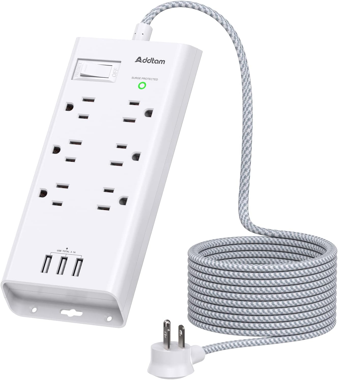 Power Strip Surge Protector - Addtam 10Ft Long Extension Cord with 6 Outlets and 3 USB Ports, Flat Plug Overload Surge Protection Outlet Strip, Wall Mount for Home, Office and More