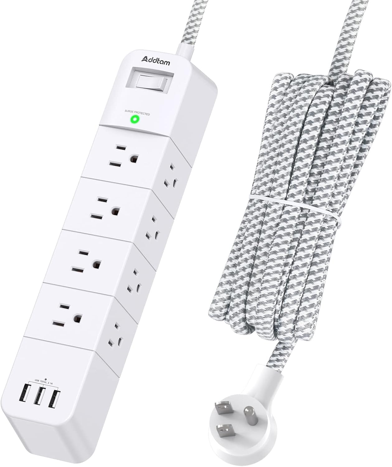 Surge Protector Power Strip - Addtam 10 Ft Long Extension Cord with 12 Outlets(3-Side) and 3 USB Ports, Flat Plug Overload Surge Protection Outlet Strip, Wall Mountable for Home, Office and Dorm