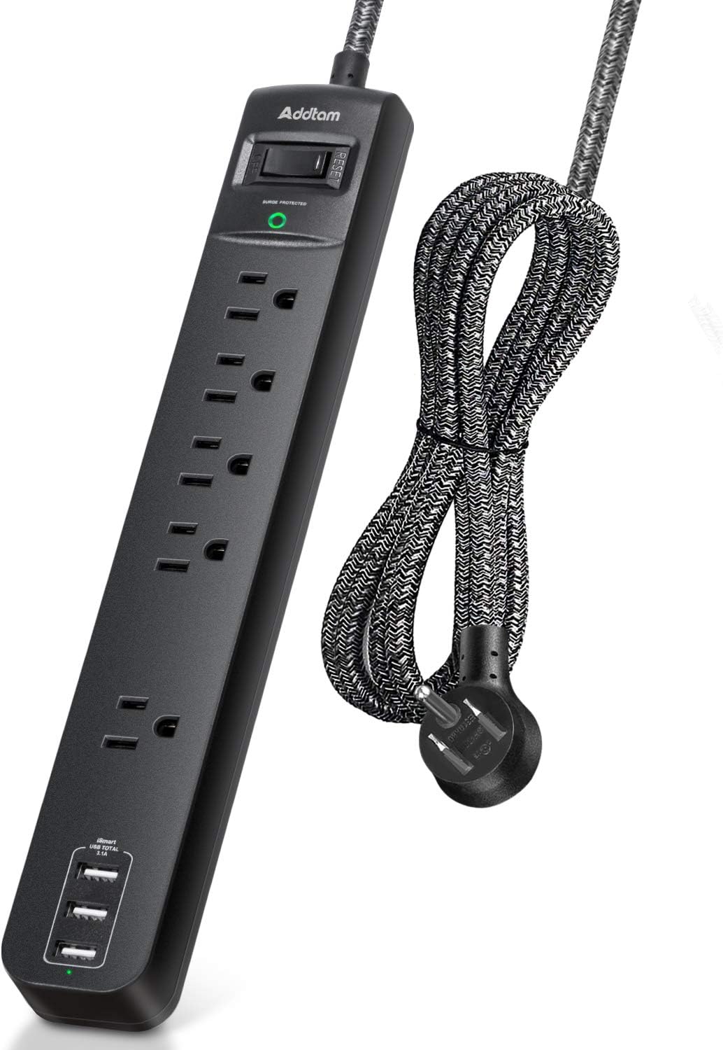 10 Ft Power Strip Surge Protector- 5 Outlets 3 USB Ports, Flat Plug Braided Extension Cord, Overload Surge Protection, Wall Mount for Hotel, Home and Office.