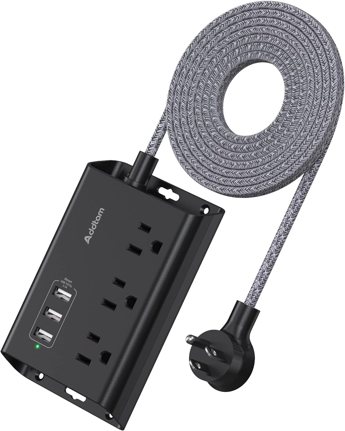 Addtam Power Strip ETL Certificate Flat Plug Extension Cord with 3 USB Ports, 5 Feet Braided Cord, Desktop Small Travel Power Strip for Cruise Ship, Home, Office Black