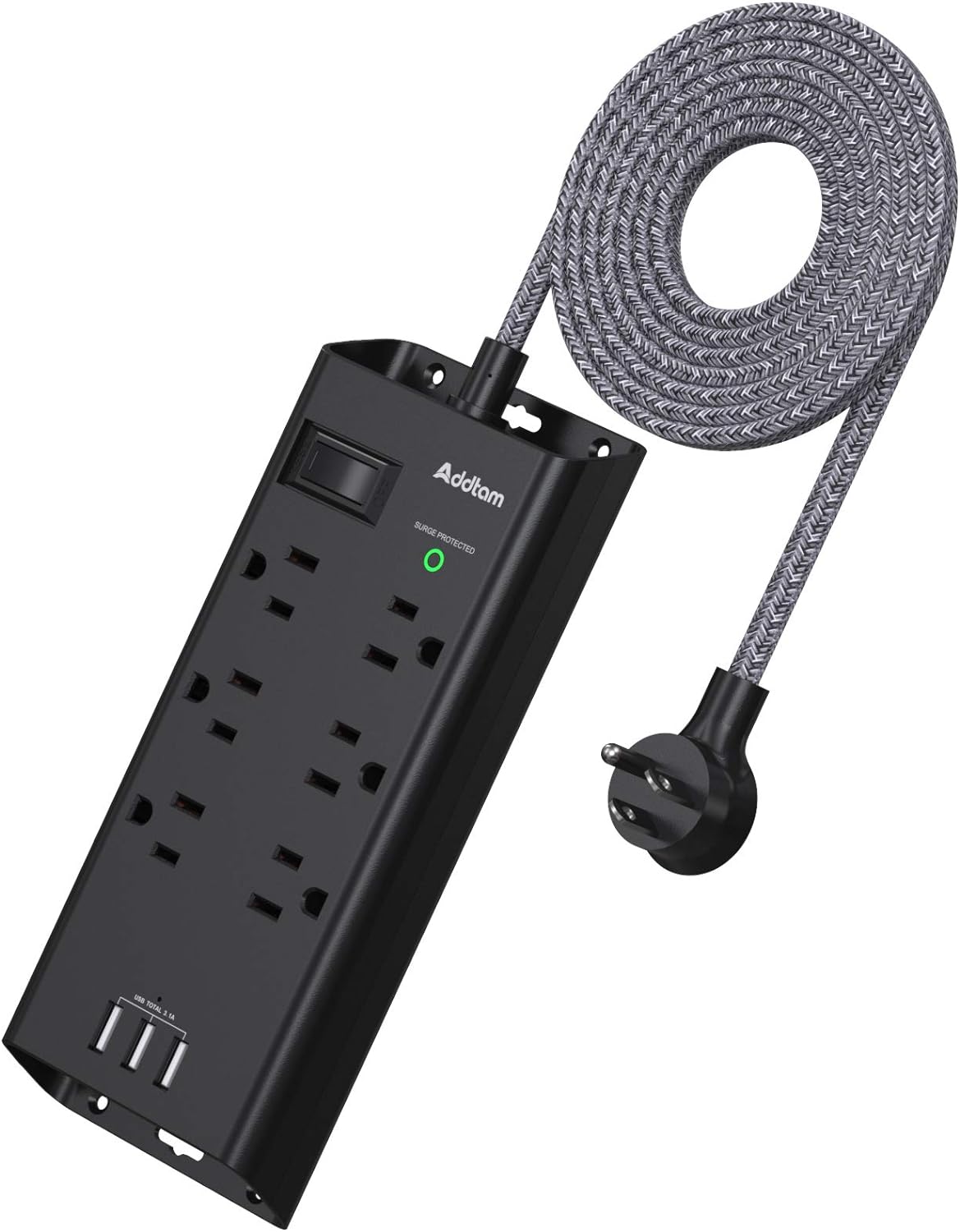 Power Strip Surge Protector, Addtam 6 Outlets and 3 USB Ports 5Ft Long Extension Cord, Flat Plug Overload Surge Protection Outlet Strip, Wall Mount for Home, Office and More, ETL Listed Black