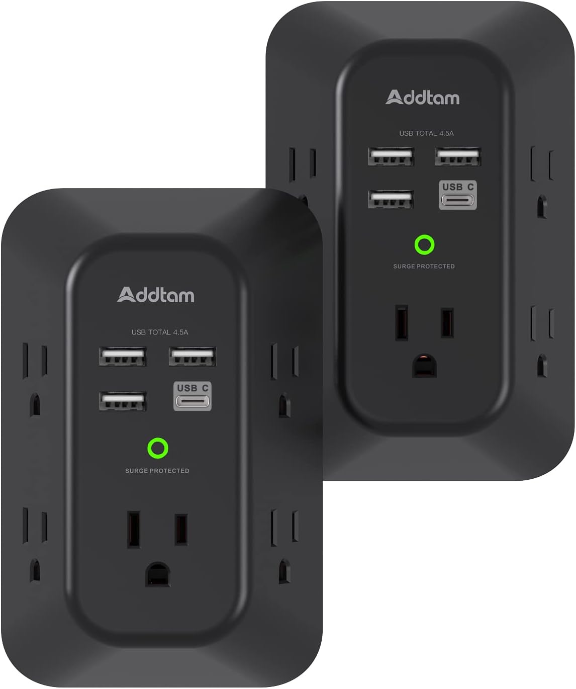 2 Pack USB Wall Charger Surge Protector, 5 Outlet Extender with 4 USB Charging Ports (1 USB C Outlet) 3 Sided 1800J Power Strip Multi Plug Outlets, Wall Adapter Spaced for Home Office, Black