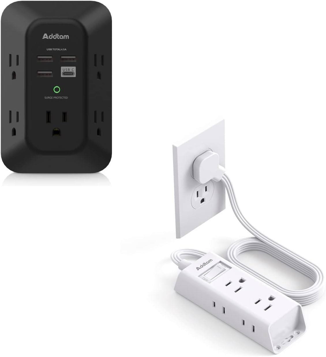 Black USB Wall Charger Surge Protector - Addtam 5 Outlet Extender with 4 USB Charging Ports (1 USB C) and Cruise Essentials Flat Plug Power Strip