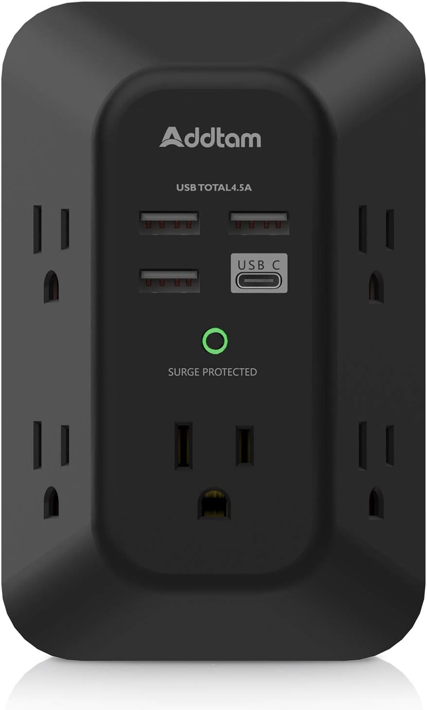 USB Wall Charger Surge Protector - Addtam 5 Outlet Extender with 4 USB Charging Ports (1 USB C), 3-Sided 1800J Power Strip Multi Plug Outlets Adapter Widely Spaced,Black