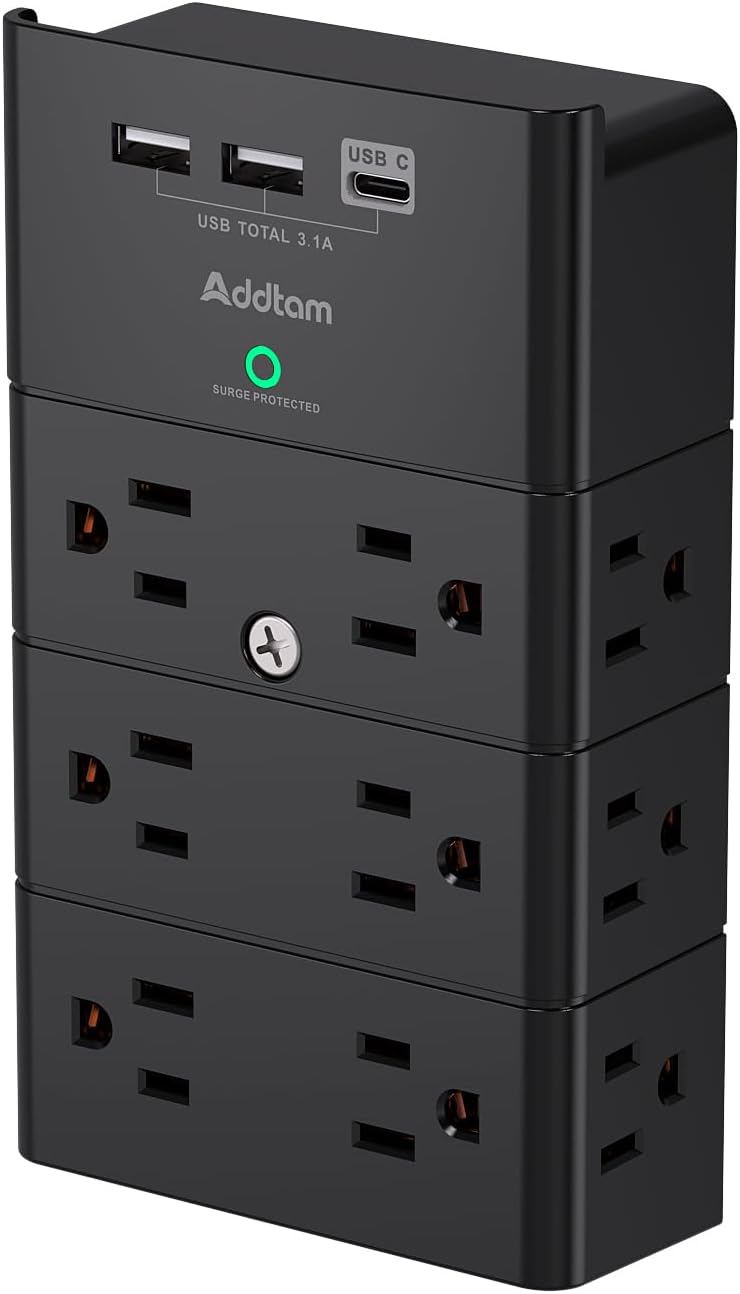 Multi Plug Outlet - Addtam Surge Protector Wall Mount with 12 Outlet Extender- 3 Sides and 3 USB Ports (1 USB-C), Outlet Splitter Power Strip for Home, Office, Hotel, Black