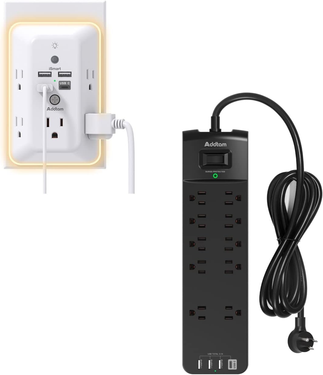 Surge Protector, Outlet Extender with Night Light & Power Strip Surge Protector with 10 Outlets and 4 USB Ports