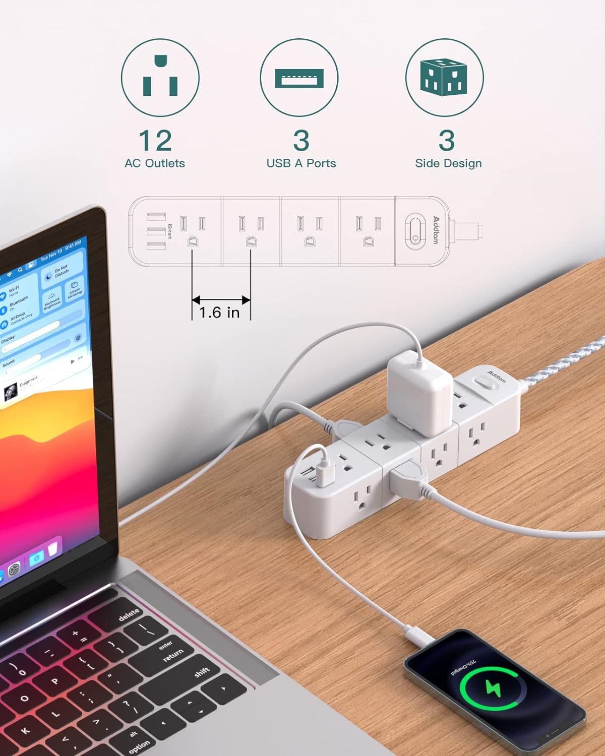 USB Wall Charger, Surge Protector, 5 Outlet Extender with 4 USB Charging Ports (1 USB C Outlet, 4.5A Total) and Power Strip Surge Protector, Addtam 12 Outlets and 3 USB Ports 5Ft Long Extension Cord