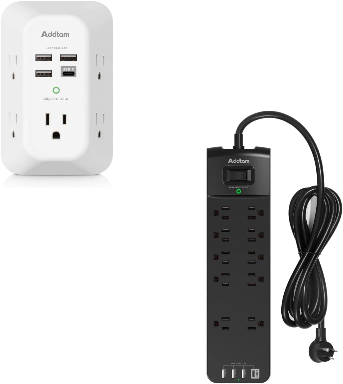 USB Wall Charger Surge Protector 5 Outlet Extender with 4 USB Charging Ports (1 USB C Outlet) & Power Strip Surge Protector with 10 Outlets and 4 USB Ports