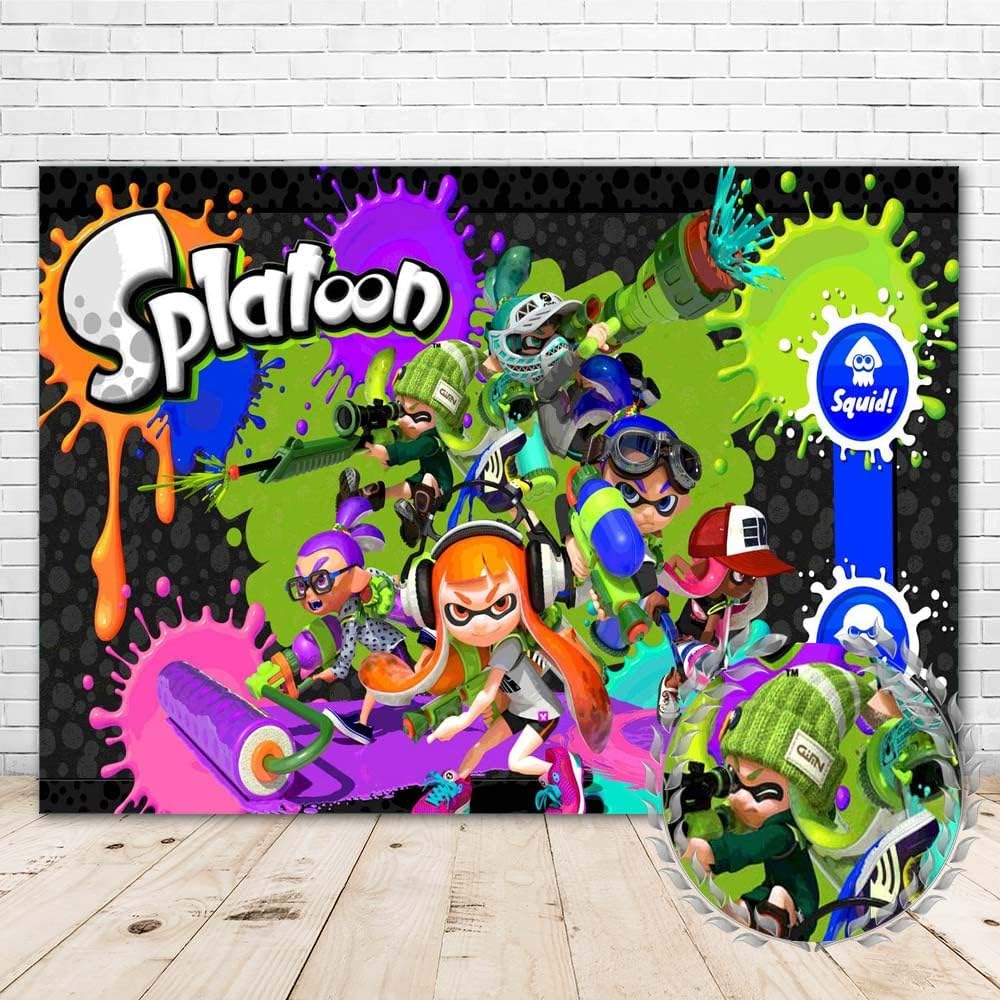 Splatoon Backdrop 5x3ft Vinyl Splatoon Party Supplies Kids Birthday Photography Background Happy Birthday Banner Room Wall Decor Picture Phooshoot Booth Props Party Favors