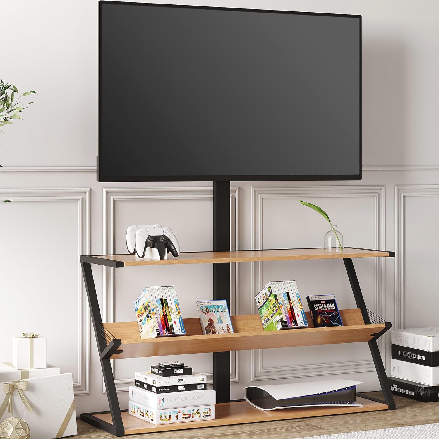 Corner TV Stand Entertainment Center with Storage, Living Room Metal TV Mount, Mordern Floor TV Stand for 32 50 55 inch